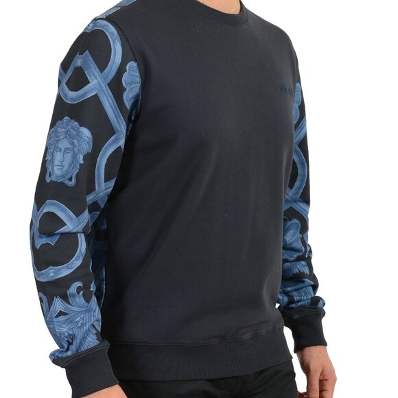 Versace Men's Navy Blue & Blue Barocco Print Cotton Sweatshirt US L IT 52 - Picture 2 of 6